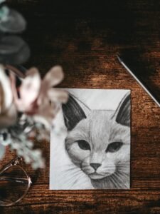A pencil sketch of a cat on a wooden table accompanied by flowers and eyeglasses.